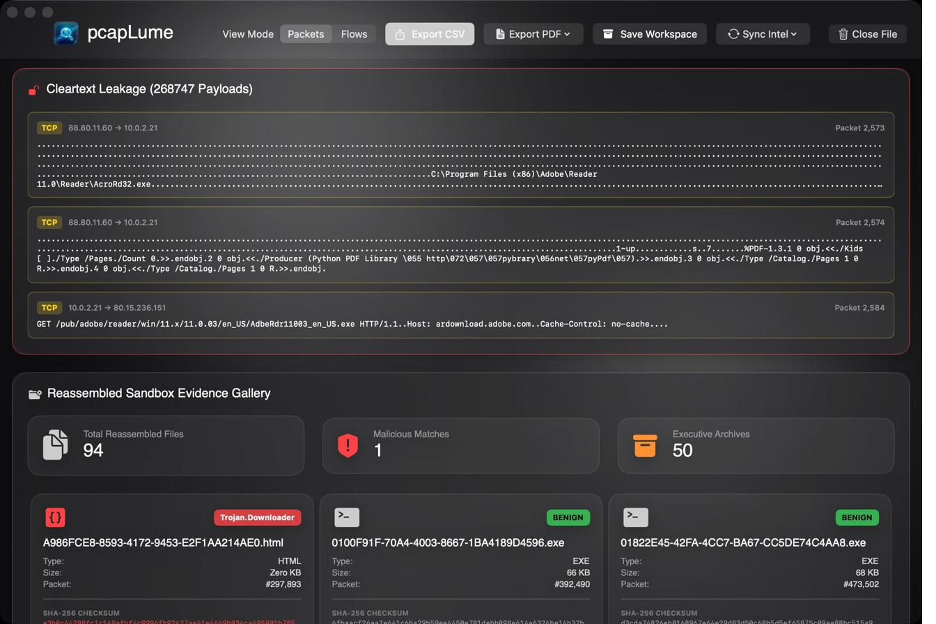 pcapLume cleartext leakage screenshot
