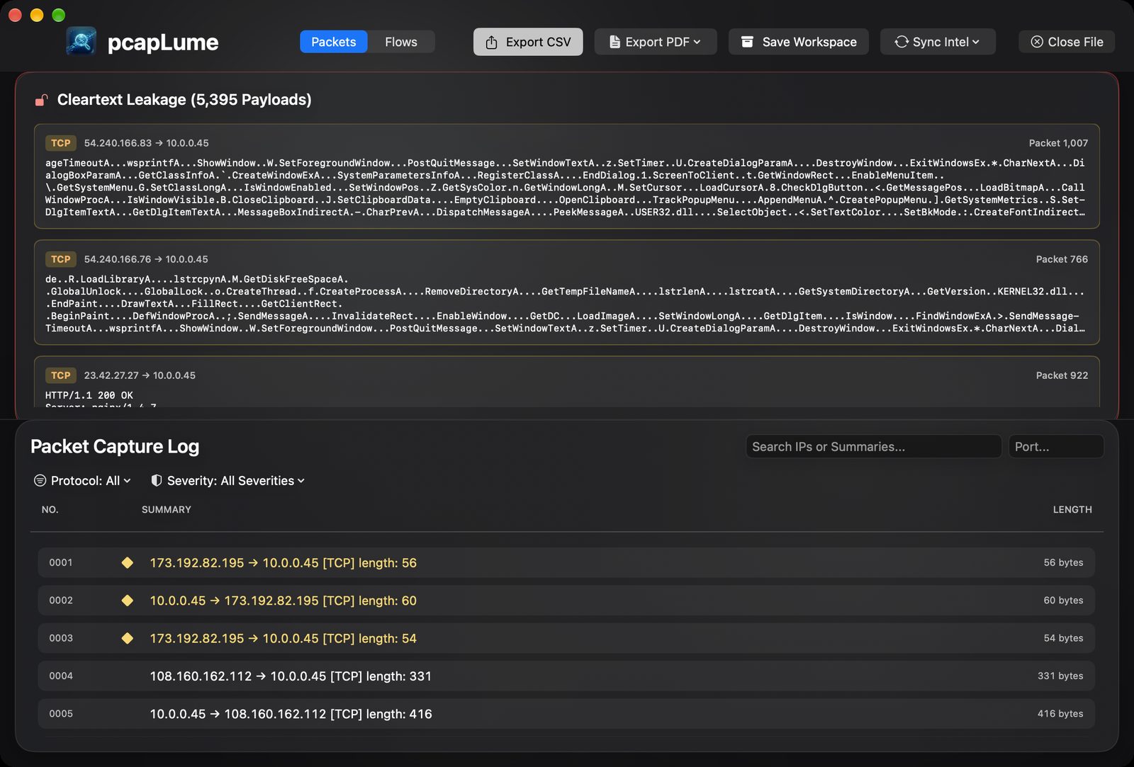 pcapLume cleartext leakage screenshot