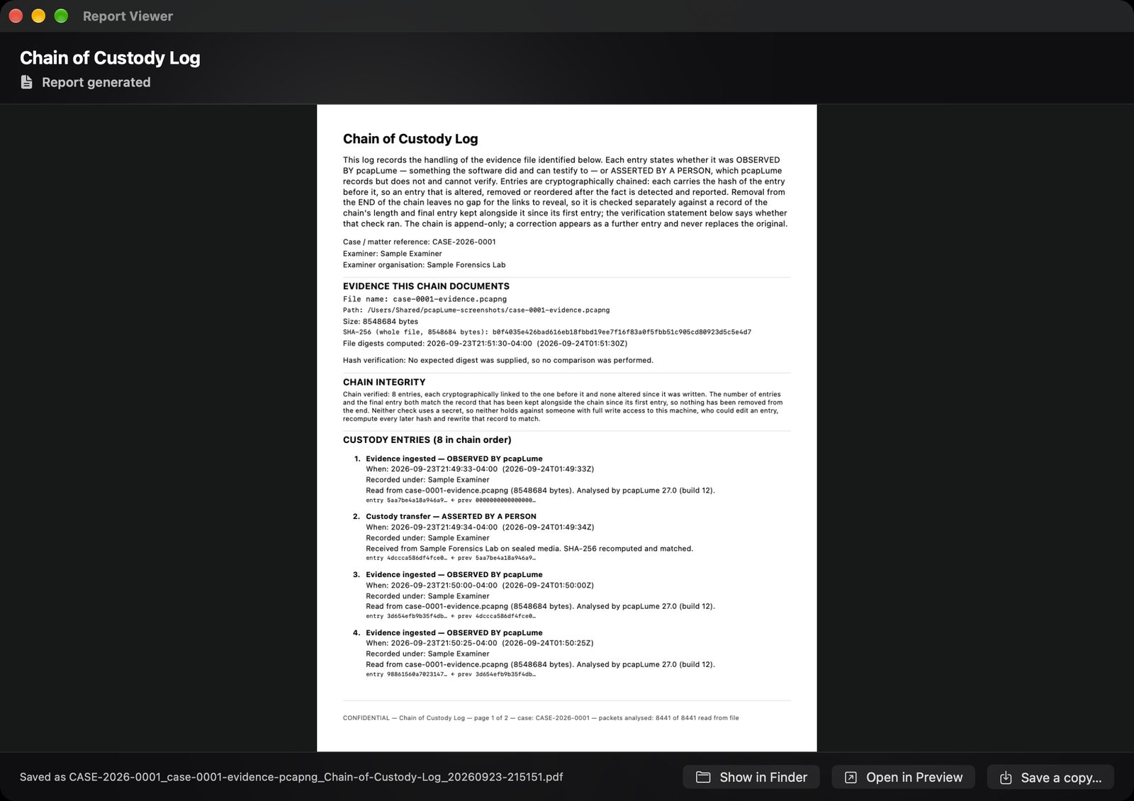 pcapLume Chain of Custody Log report screenshot