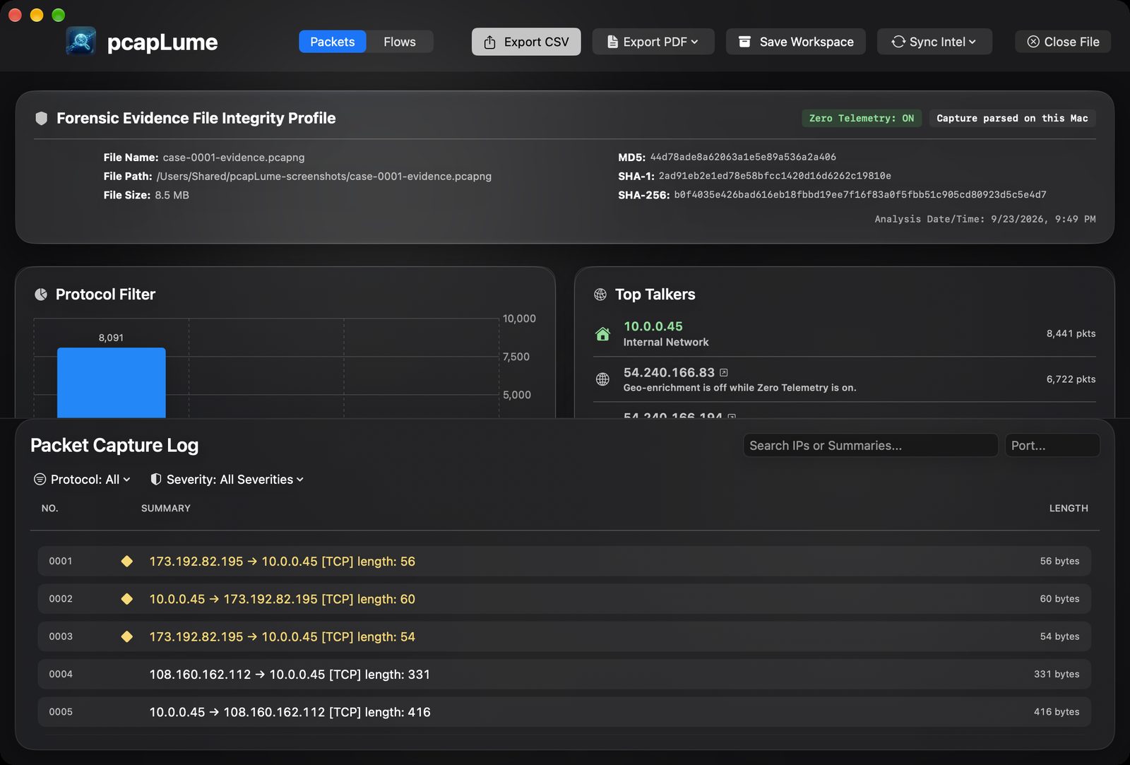 pcapLume forensics dashboard screenshot