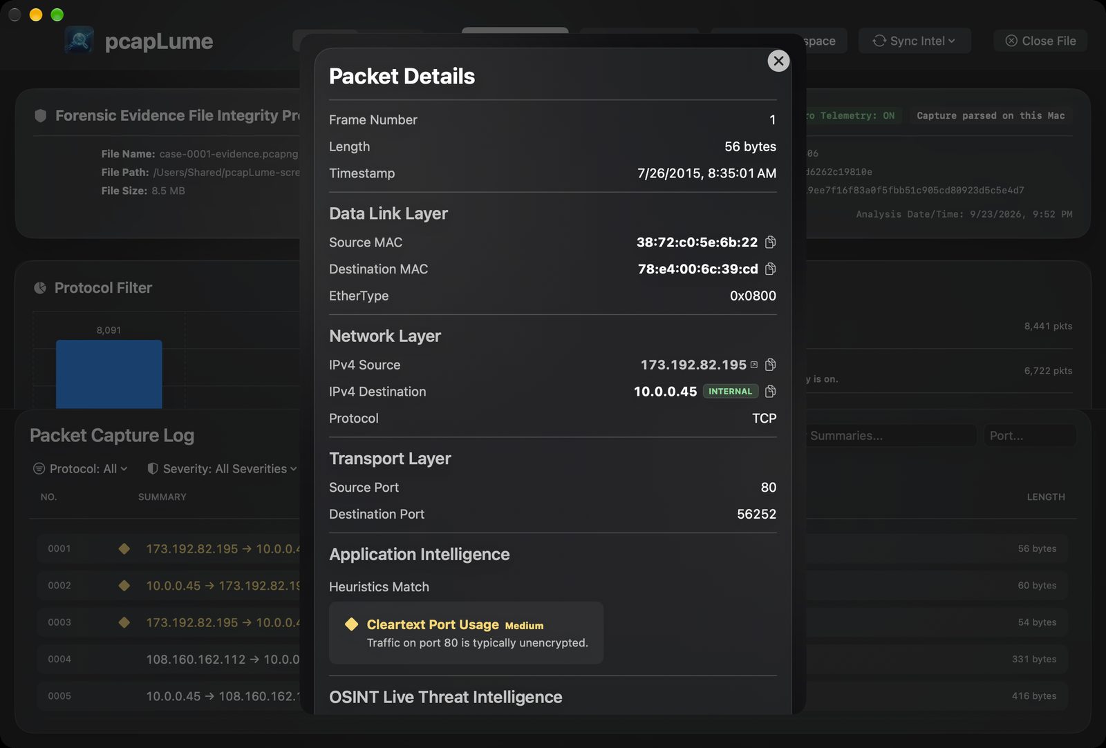 pcapLume decoded packet inspector screenshot