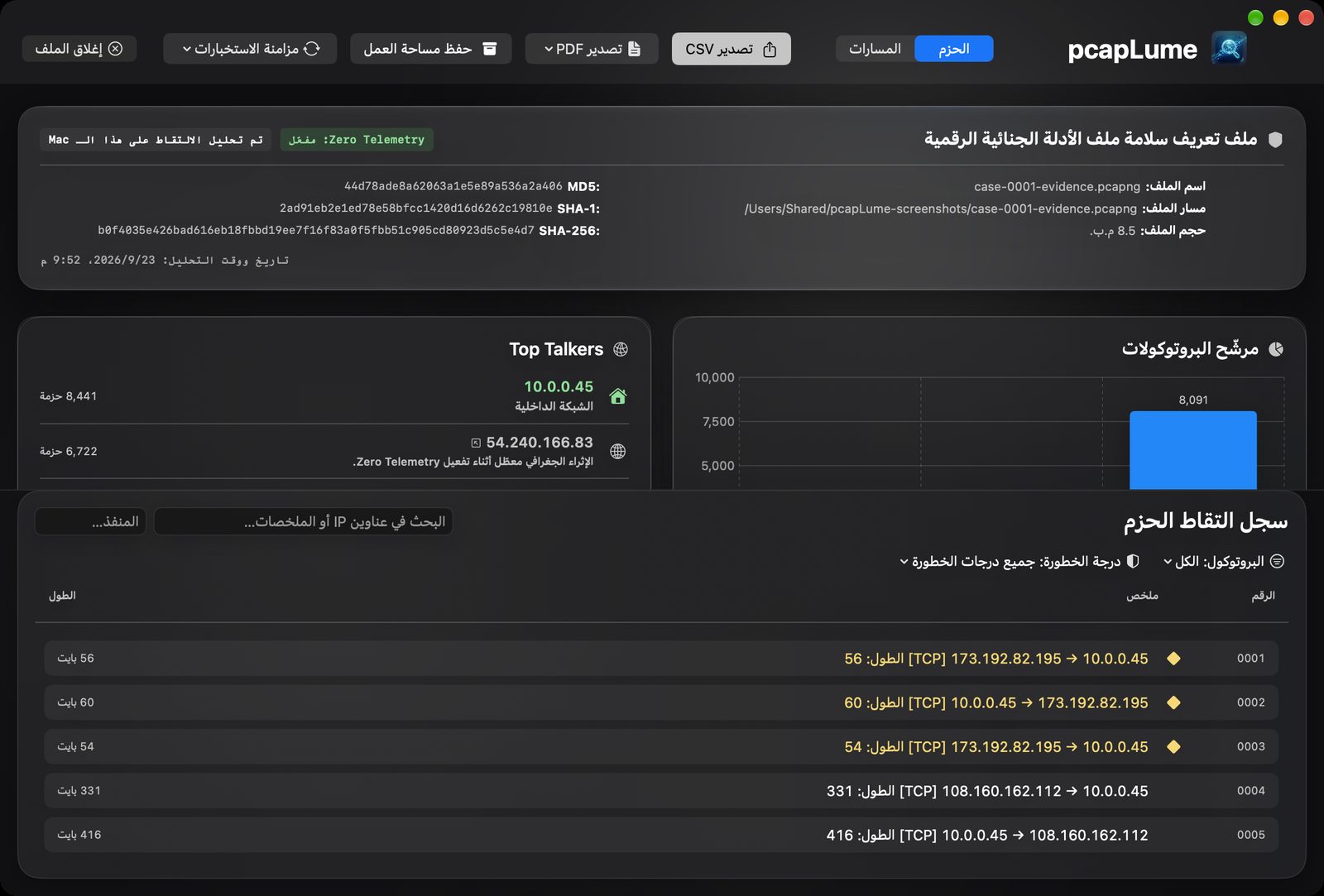 pcapLume forensics dashboard screenshot