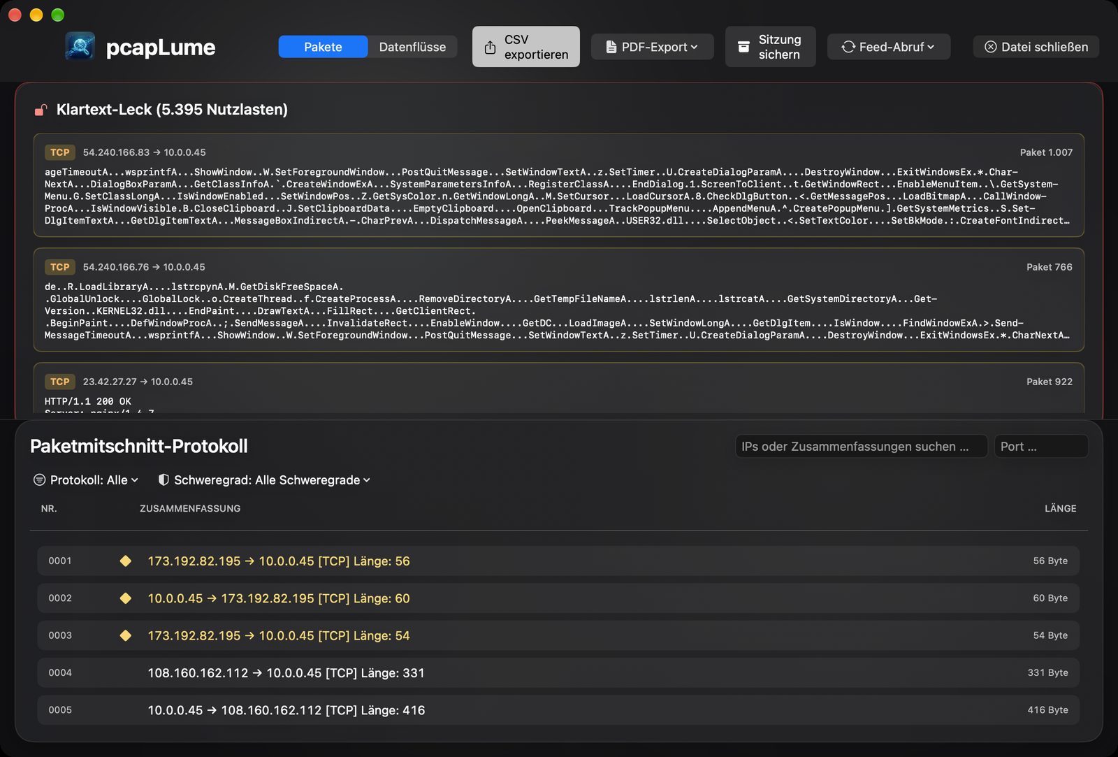 pcapLume cleartext leakage screenshot