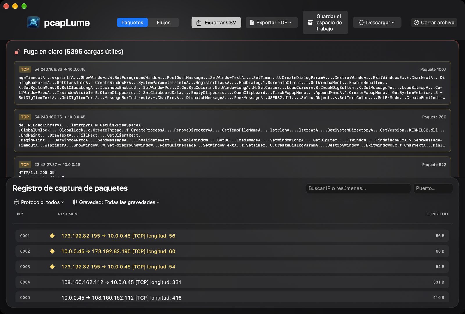pcapLume cleartext leakage screenshot