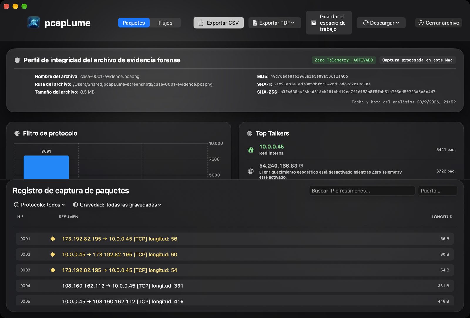 pcapLume forensics dashboard screenshot
