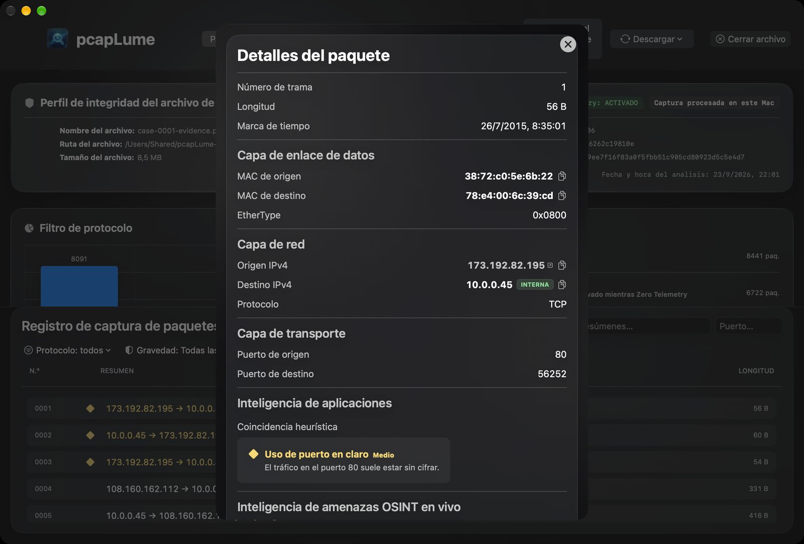 pcapLume decoded packet inspector screenshot