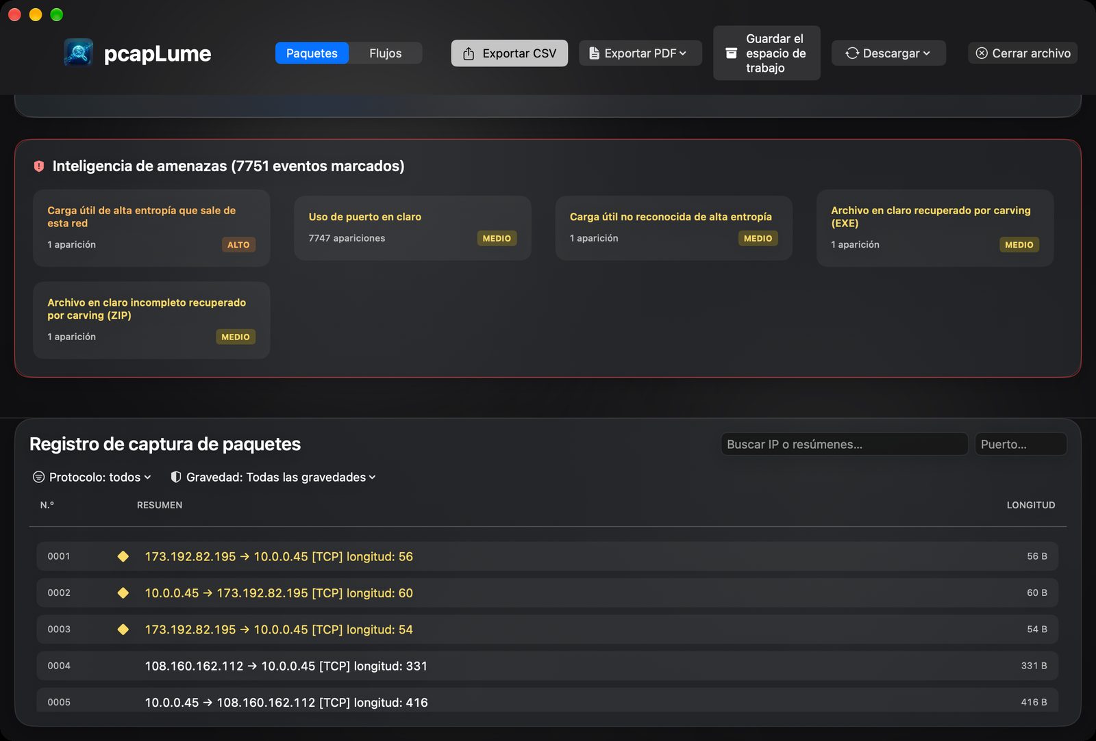 pcapLume threat intelligence screenshot