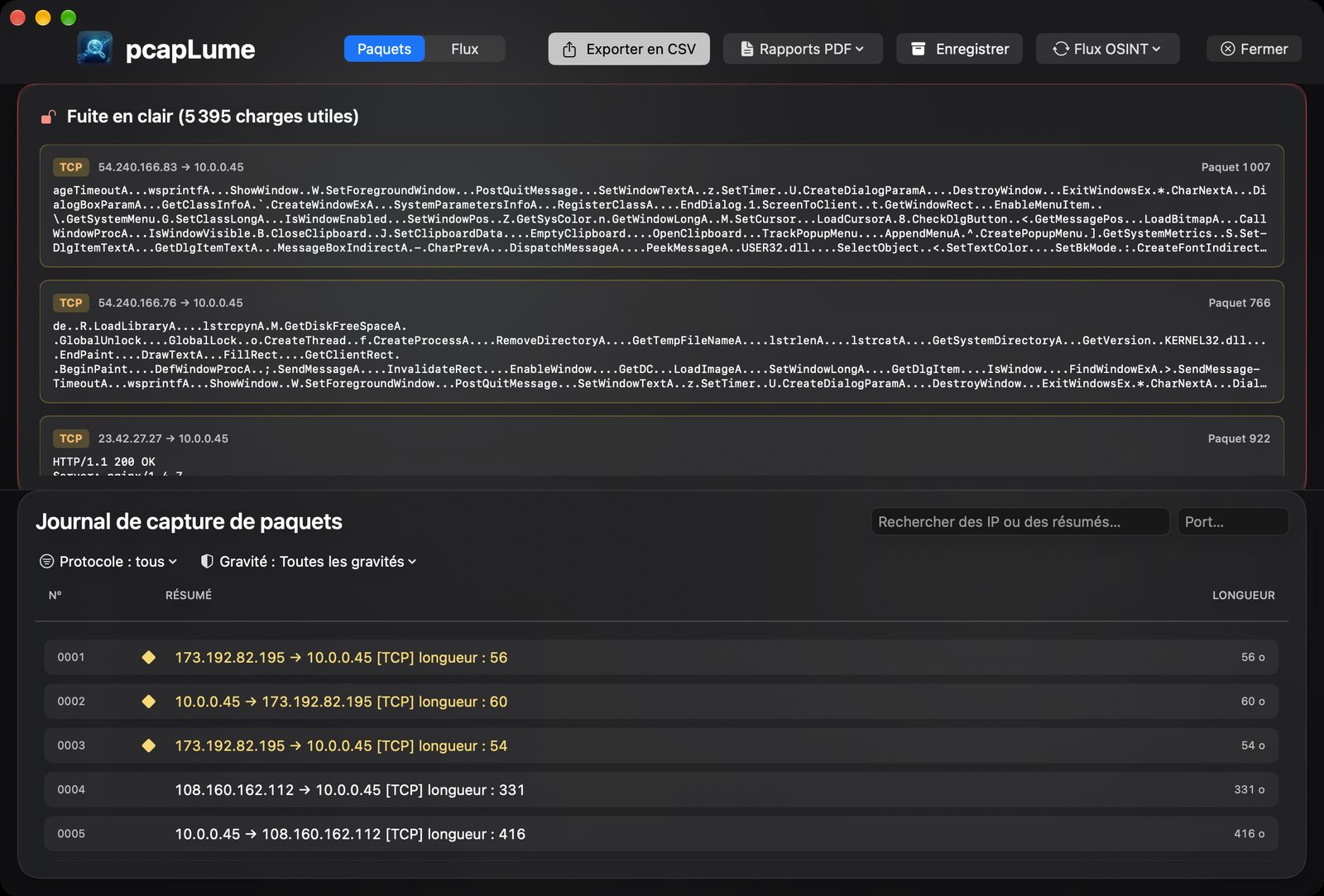 pcapLume cleartext leakage screenshot
