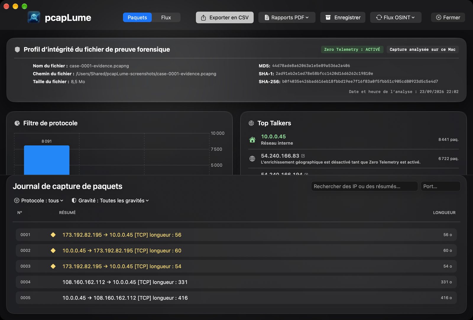 pcapLume forensics dashboard screenshot