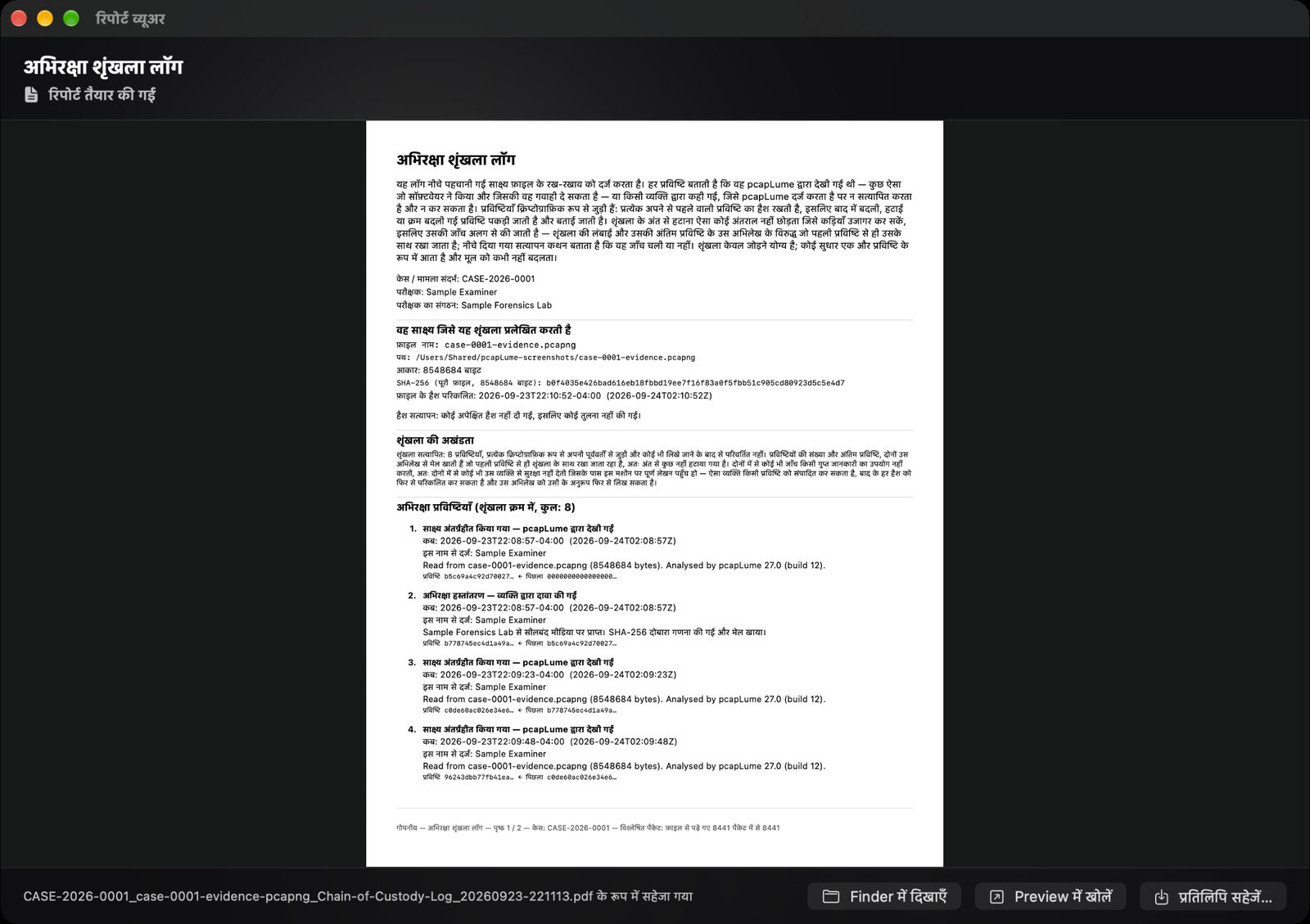 pcapLume Chain of Custody Log report screenshot