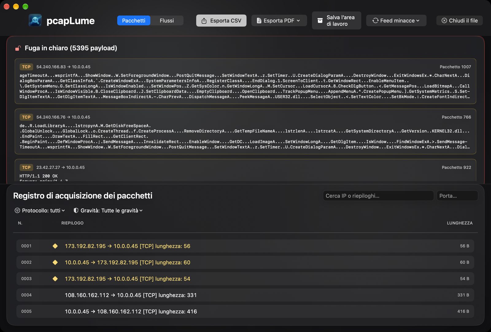 pcapLume cleartext leakage screenshot