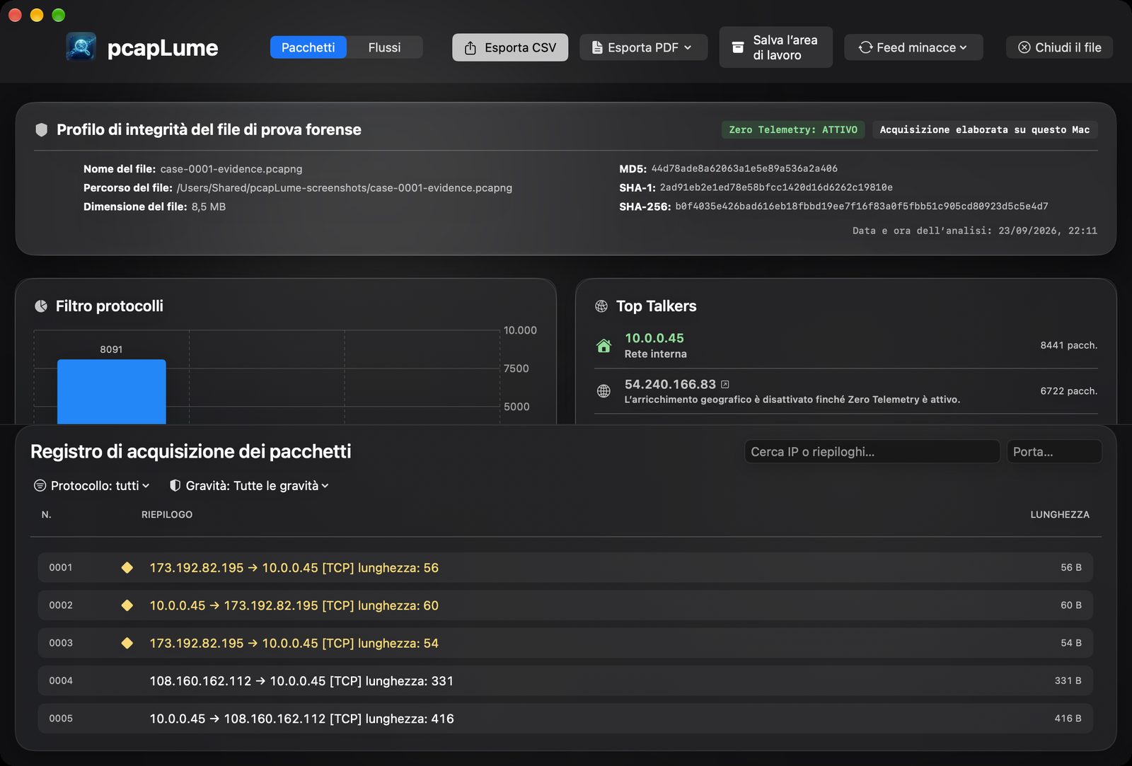 pcapLume forensics dashboard screenshot