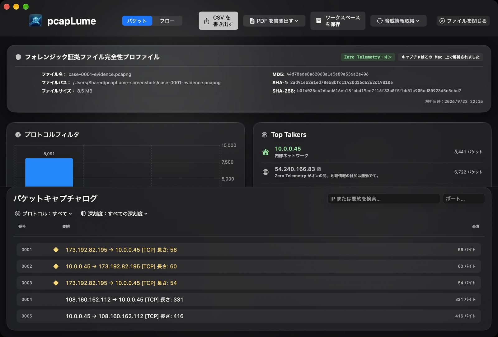 pcapLume forensics dashboard screenshot