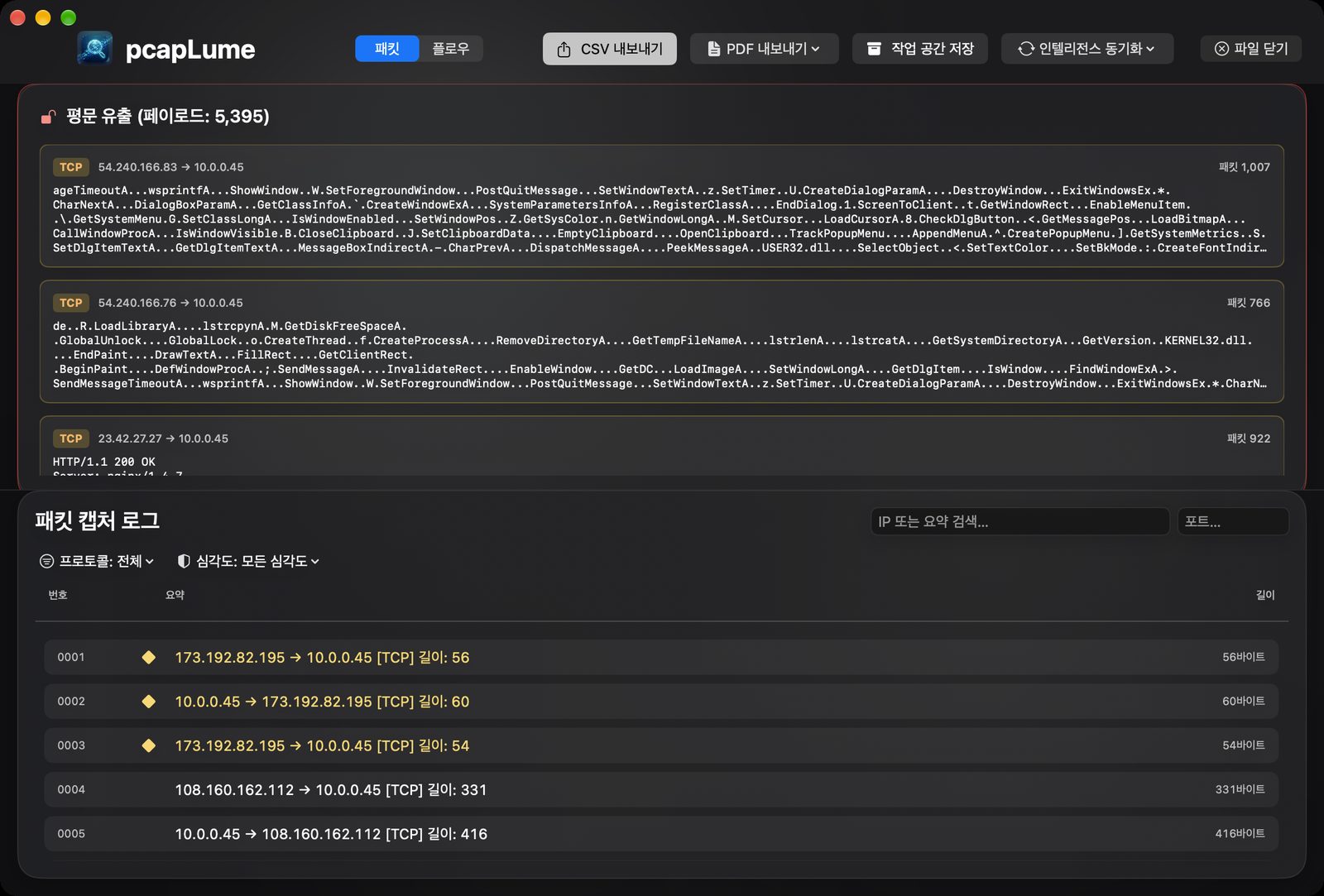 pcapLume cleartext leakage screenshot