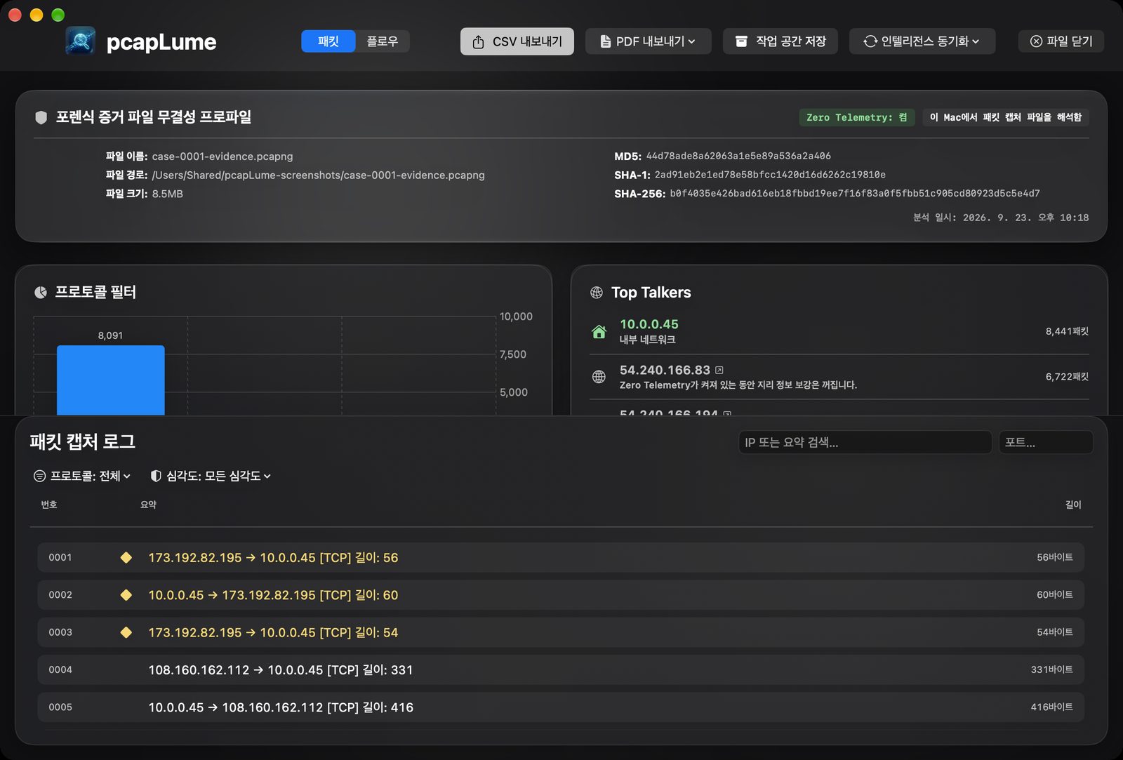 pcapLume forensics dashboard screenshot