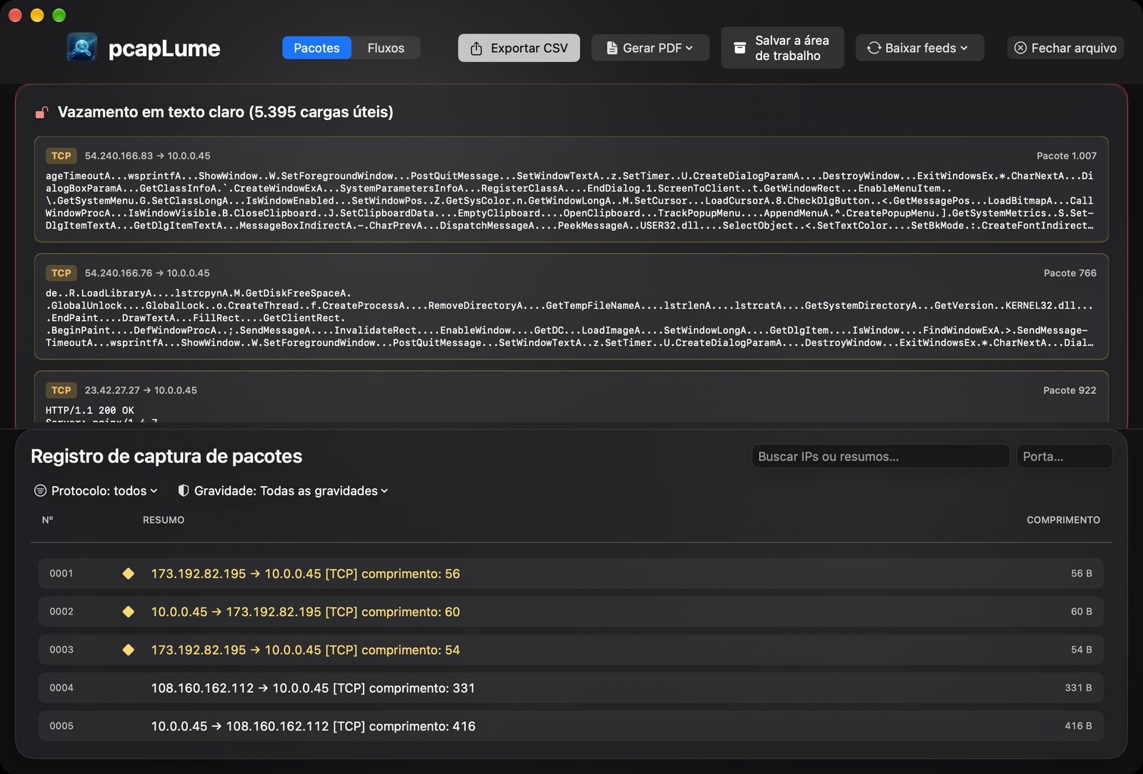 pcapLume cleartext leakage screenshot