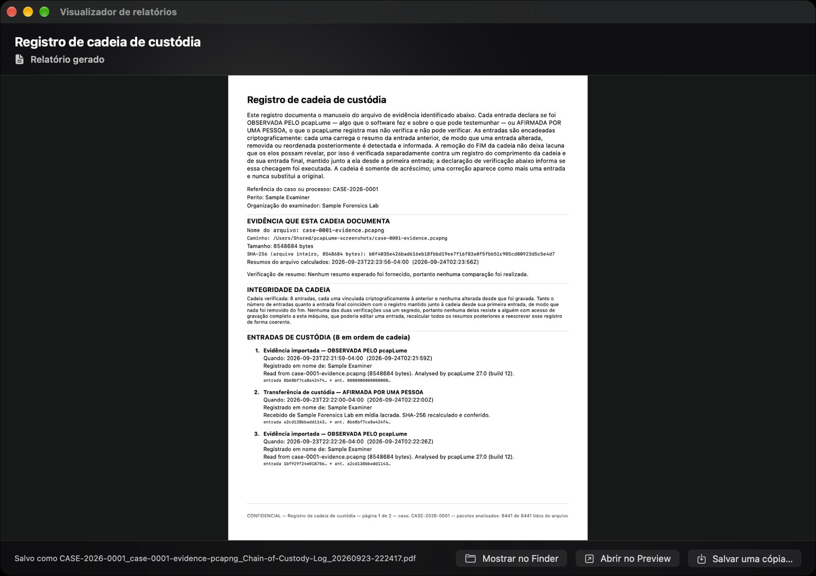 pcapLume Chain of Custody Log report screenshot