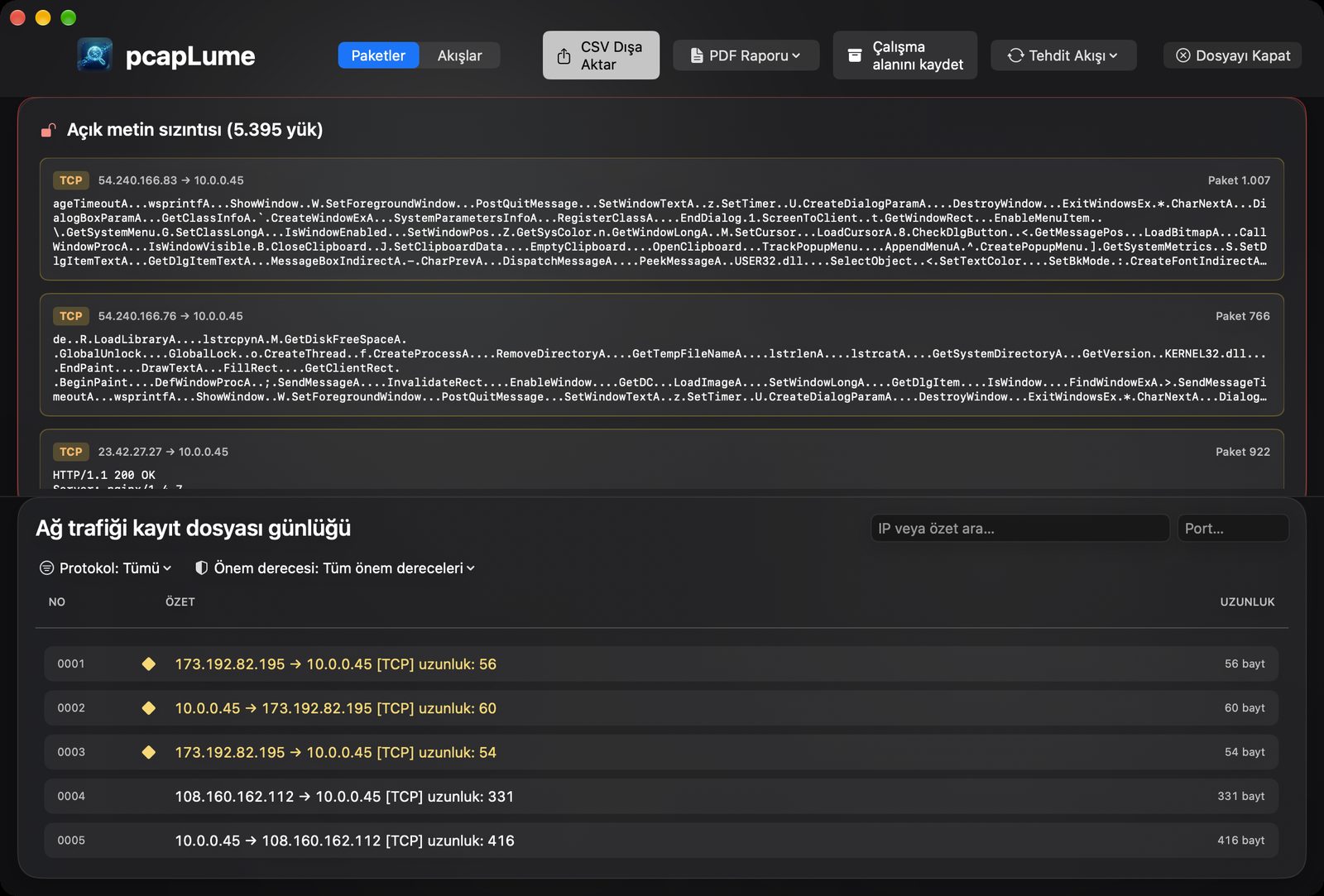 pcapLume cleartext leakage screenshot
