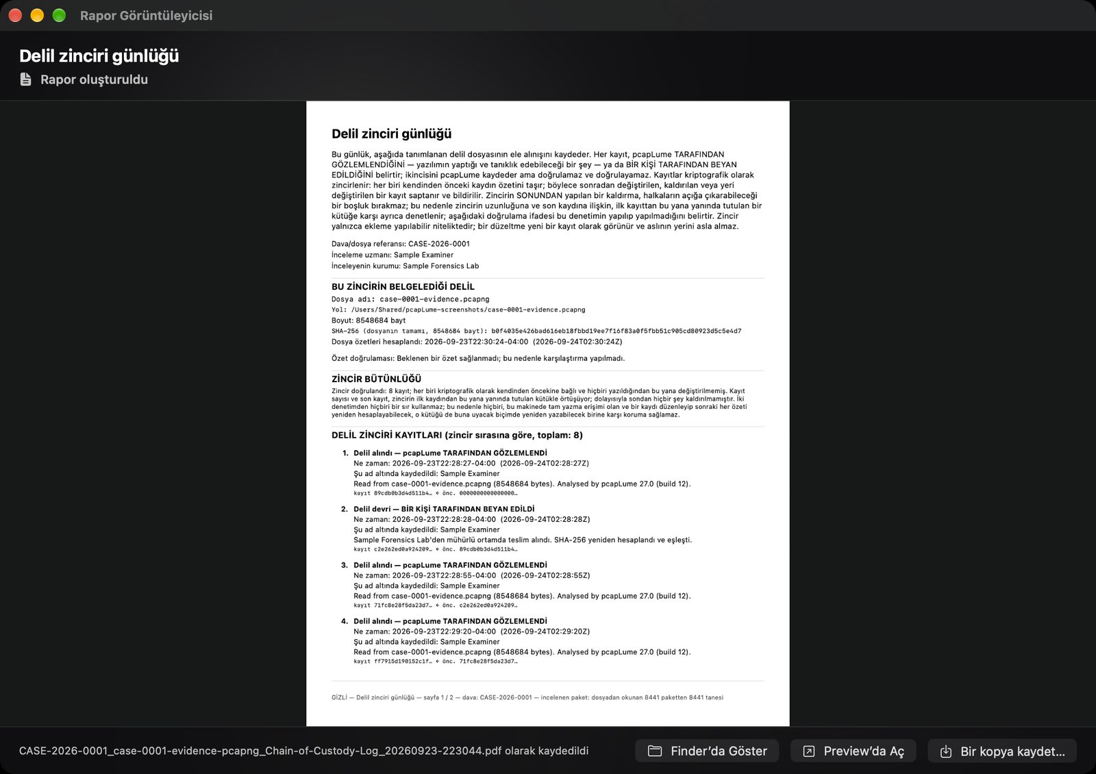 pcapLume Chain of Custody Log report screenshot