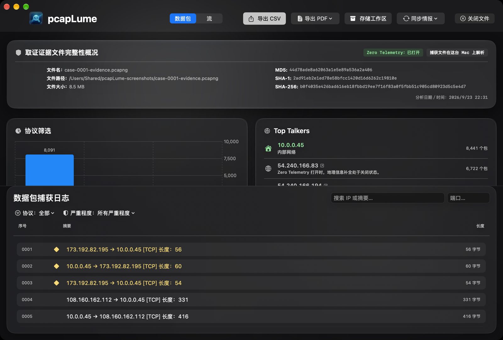 pcapLume forensics dashboard screenshot